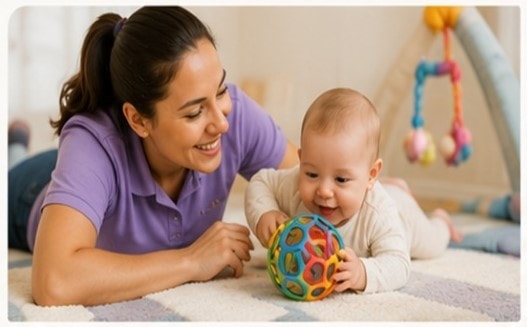 Caring caregiver playing with a baby at Nestling Care Hub